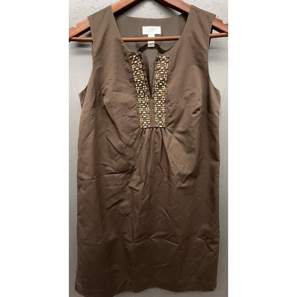 Ann Taylor‎ Loft Dress 6 Brown Cotton Beaded Sleeveless Shift Lined Boho Peasant